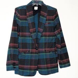 Cabi Large l Blazer One Button Blue Red Green Plaid Black Back Ground 3850